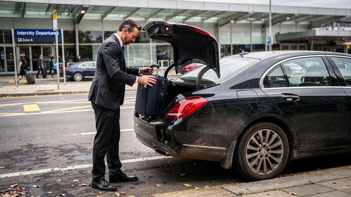 Chauffeur placing a suitcase into the boot of a dark sedan before an intercity transfer