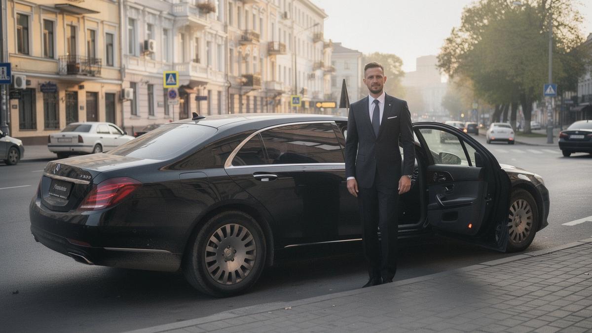 Chauffeur in a dark suit holding the rear door open beside a black sedan on a city street
