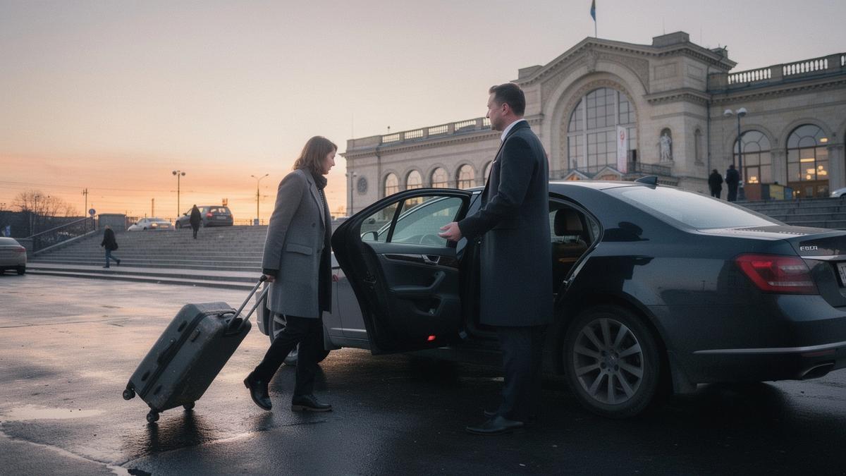 Chauffeur holding the rear door open for a passenger with a suitcase outside a railway station at dawn